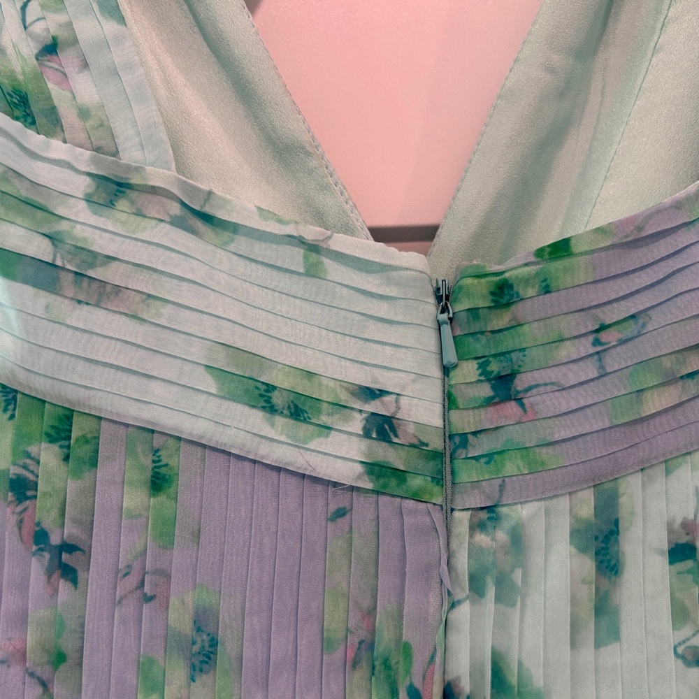 THEIA Pleated Chiffon Dress Blue Green Watercolor Halter Midi 4 Wedding Guest - Picture 14 of 15